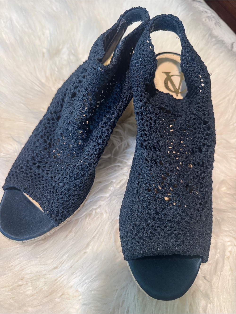 Vince Camuto Navy Crochet Peep-Toe Slingback Mule Wedges